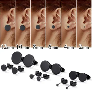Black stainless steel round stud earrings set, minimalist geometry metal ear jewelry for women.