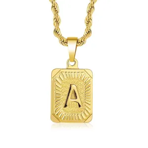 Gold stainless steel rope chain necklace with initial letter A rectangular pendant hip hop
