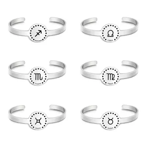 Twelve Zodiac Signs Open Stainless Steel Bracelet For Women Adjustable Titanium Steel Letter Bangle Simple Fashion Silver Jewelry