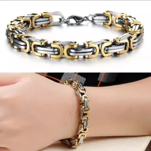 Men stainless steel Byzantine link bracelet, two-tone gold and silver heavy chain jewelry.