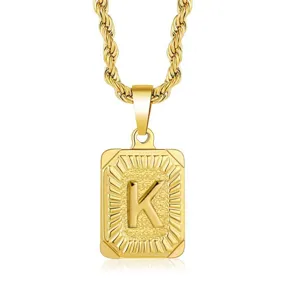 Gold stainless steel letter K square pendant necklace with rope chain hip hop jewelry detail