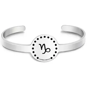 Stainless steel Capricorn zodiac sign open cuff bracelet detail view, adjustable silver jewelry.