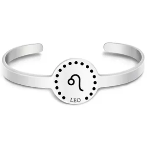 Silver stainless steel open cuff bracelet featuring a circular Leo zodiac sign charm detail.
