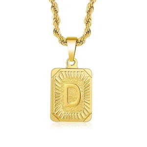 Detailed close-up view of the gold stainless steel letter D square pendant with rope chain.