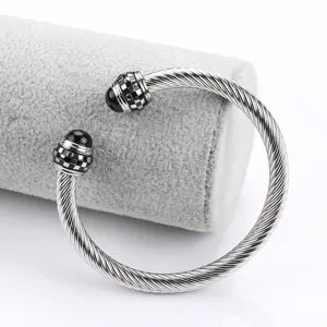 Men's titanium steel cable bracelet with black checkered end caps minimalist stylish jewelry