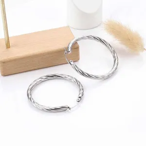 Detail shot of twisted stainless steel hoop earrings, smooth metal texture, modern daily jewelry.