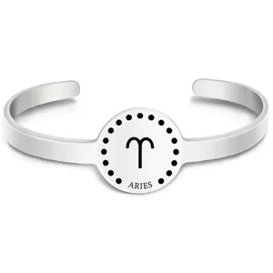 Silver stainless steel open cuff bracelet featuring Aries zodiac sign for women jewelry