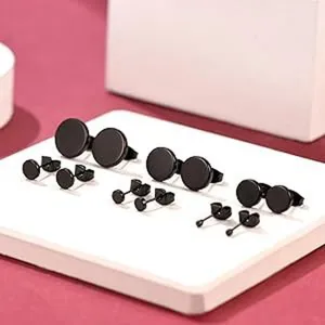 Minimalist black round stainless steel stud earrings set for women, chic metal geometry.