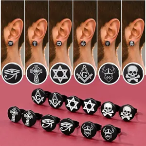 Stainless steel black stud earrings men punk gothic vintage geometric skull stud