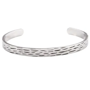 Silver stainless steel textured cuff bracelet, stylish C-shaped open bangle for women.