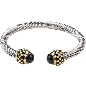 Fashion minimalist checkered titanium steel men cuff bracelet with two-tone cable wire design