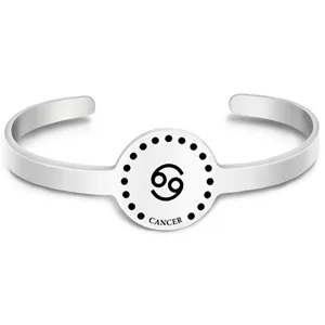 Close-up detail view of the silver stainless steel zodiac cuff bracelet featuring Cancer symbol plate.
