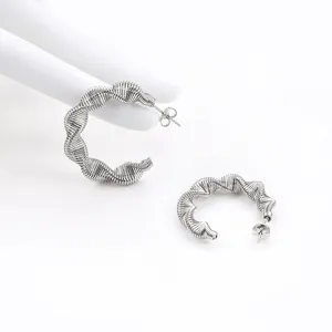 Stainless steel spring hoop earrings, minimalist twist design for women's daily fashion.