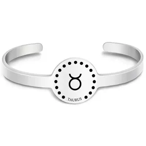 Silver stainless steel open cuff bracelet featuring Taurus zodiac sign and round disc detail.