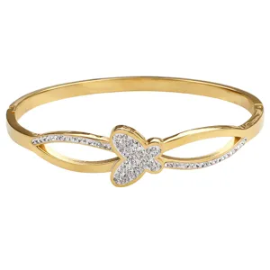 Stainless steel crystal butterfly bangle bracelet, elegant gold tone clasp jewelry for women.