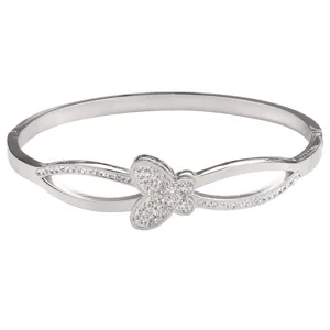 Stainless steel rhinestone butterfly bangle bracelet for women, elegant interlocking clasp design.