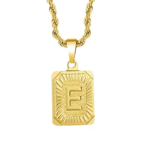 Gold-plated stainless steel square letter E pendant necklace with rope chain hip hop jewelry