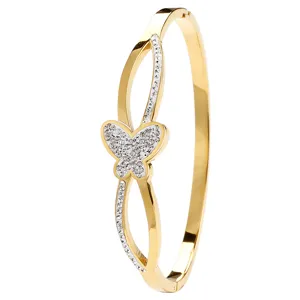 Stainless steel gold butterfly rhinestone hinged bangle bracelet for women elegant jewelry