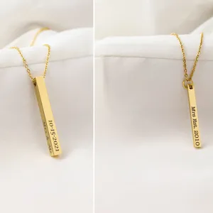 Collier barre or personnalisé avec gravure, pendentif en acier inoxydable pour femmes.