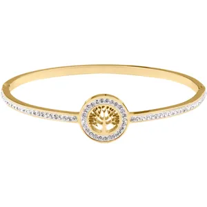Close-up of gold-plated stainless steel tree of life bangle with sparkling crystal rhinestones.