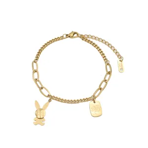 Gold stainless steel chain bracelet with cute rabbit charm and letter tag for women girls gift