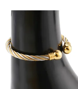 Bracelet jonc ouvert en fil de câble en acier inoxydable bicolore avec embouts boules.