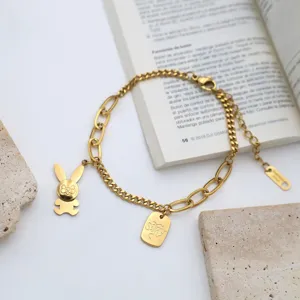 Gold Stainless Steel Paperclip Chain Bracelet With Cute Bunny Charm Fashion Women Jewelry