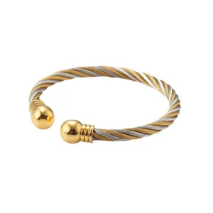 Bracelet Jonc en Acier Inoxydable Câble Torsadé Or Argent Bicolore Bracelet Ouvert Manchette Bijoux de Mode pour Unisexe