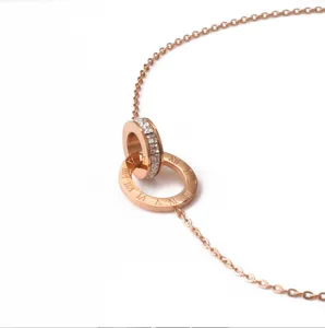 Rose gold titanium steel double ring necklace featuring zircon and Roman numerals detail.