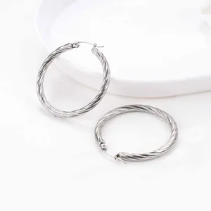 Close-up detail of silver stainless steel twisted hoop earrings, elegant minimalist jewelry design.