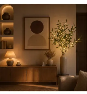 Luce decorativa LED ramo di ulivo artificiale, illuminazione ambiente accogliente salotto.