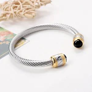 Bracelet jonc en câble d'acier inoxydable pour homme, manchette dorée torsadée bouts noirs