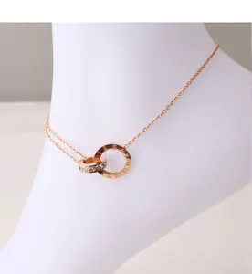 Rose gold titanium steel double ring rhinestone Roman numeral anklet for women chic jewelry