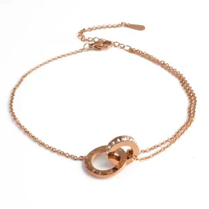 Fashion Stainless Steel Double Ring Roman Numerals Anklet Rose Gold Rhinestone Anklet For Women Light Luxury Jewelry