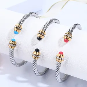 Bracelet Jonc Ouvert en Acier Inoxydable à Câble Torsadé pour Femme Bracelet Torsadé Plaqué Or Avec Perles d'Agate