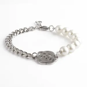 Personalized Titanium Steel Camellia Flower Pendant Bracelet For Women Fashion Spliced Beaded Link Chain Artificial Pearl Hand Jewelry Gift