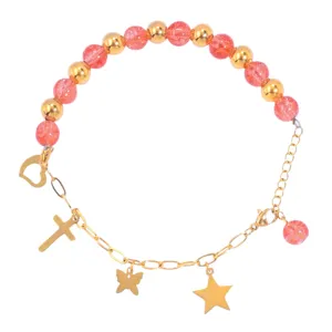 Joli bracelet de perles roses avec charmants pendentifs papillon et étoile pour femmes.
