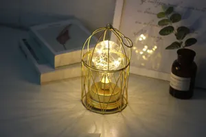 Detail van gouden ijzeren vogelkooi LED nachtlamp, warme koperdraad feeënlamp, gezellige inrichting.