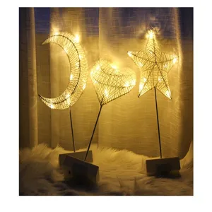 Rattan geweven LED nachtlampje set, ster maan hart vormen met warme gloed voor kamer decor.