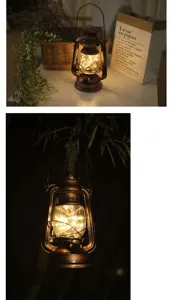 Vintage solar LED camping lantern portable outdoor retro rustic light with warm glow for hiking tent