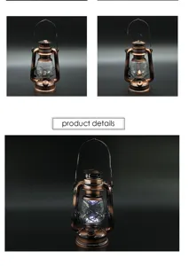 Detailed view of vintage bronze camping lantern with glass shade and LED lighting.