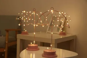 Vista detallada de la lámpara de escritorio LED paraguas rosa, decoración de alambre.