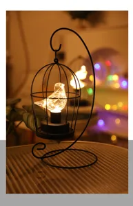 Details LED nachtlampje vogelkooi van ijzer, warme lichtketting in transparante vogel.