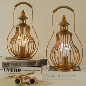 Retro Iron LED Decorative Table Lamp Hollow Wire Cage Night Light Geometric Gold Lantern Desk Lamp For Bar Cafe Home