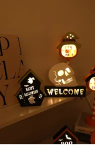 Halloween LED houten decoratieve verlichting, geest schedel pompoen tafel ornament feest detail