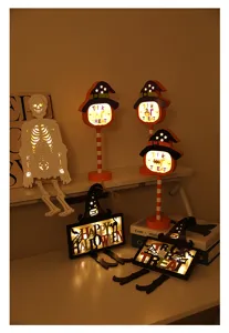 Halloween houten LED decoratieve lamp set, gloeiende pompoen en skelet ontwerpen voor feest.