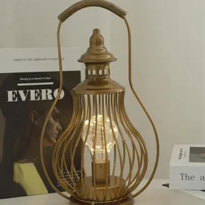 Vintage retro metal iron LED table lamp cage lantern decorative night light for home decor desk