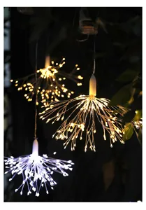 Gedetailleerd overzicht van LED vuurwerk koperdraad lampen buiten, warme sterrenlichten.
