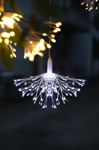 Gedetailleerd overzicht van LED vuurwerk lichtketting, koperdraad decoratie lamp buiten.