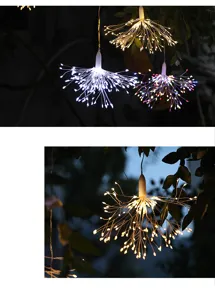 Detail van hangende LED vuurwerk koperdraadverlichting voor buiten in de sfeervolle nacht.